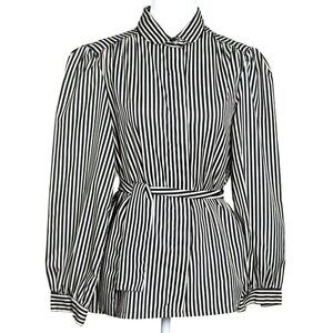 NWOT Oak Hill Womens Blouse Sz M/L Black White Striped Button-Up Belted Waist